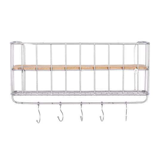 Set of 2 Silver Metal Basket & Wooden Wall Shelf Units With Hooks
